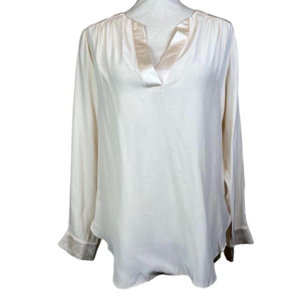 Amanda Uprichard Silk‎ Blouse Ivory White Split Satin Neck Cuffs Size Medium